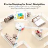 A 3D illustration of a robot vacuum cleaner navigating a house layout, with a map overlay showing room segmentation and cleaning routes. Produktbild-Vorschau