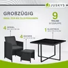 A marketing image showcasing a 9-piece outdoor seating set, including chairs, ottomans, and a table, with dimensions and quantities listed. Produktbild-Vorschau