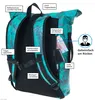 Back view of a teal and green patterned backpack with various features labeled. Produktbild-Vorschau
