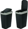 Two black trash cans with gray rims and lids, one with the lid partially open and the other with the lid fully open, displayed against a white background. Podgląd zdjęcia produktu