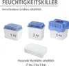 Three dehumidifier units of different sizes (1kg, 2kg, 5kg) and a refill granule block are displayed against a white background, with German text indicating product name and availability. Podgląd zdjęcia produktu