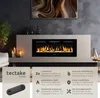 A modern electric fireplace is shown mounted on a wall, with promotional text and icons detailing its features. Náhled obrázku produktu