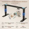A diagram illustrating the features of an adjustable standing desk frame with emphasis on its dual motor system and specifications. Podgląd zdjęcia produktu