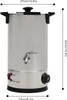 A silver electric wax melter with a black lid and base, featuring a spigot and control panel, with dimensions indicated by measurement lines and text. Podgląd zdjęcia produktu