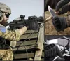 A collage of images showing tactical gloves in different scenarios: a soldier aiming a rifle, a person cutting wood with a knife, and a hand on a motorcycle handlebar. Produktbild-Vorschau