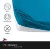 A close-up view of a teal-colored fitted sheet draped over a white mattress, with icons and text indicating product features on the left side. Produktbild-Vorschau