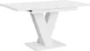 A white dining table with a pedestal base is shown against a white background.