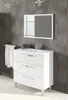 A modern white bathroom vanity with a sink and mirror against a tiled wall. Produktbild-Vorschau
