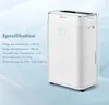 A white dehumidifier with dimensions and specifications displayed next to it on a light blue gradient background. Produktbild-Vorschau