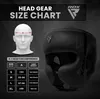 A size chart for RDX headgear, showing head circumference and user height for different sizes, alongside an image of the headgear. Voir les images du produit