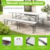 A white folding table and bench set is set up on a wooden deck outdoors, with greenery in the foreground and a building in the background. Below the main image are four smaller inset images highlighting product features. Produktbild-Vorschau