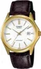 A close-up studio shot of a men's Casio watch with a gold-tone case, white dial, and brown leather strap. Anteprima dell’immagine prodotto