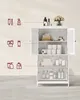 A white cabinet with two doors is open, revealing shelves stocked with various bathroom items like towels, toilet paper, and bottles. Icons of bathroom products are placed on the left side of the image, connected by lines to corresponding items inside the  Produktbild-Vorschau