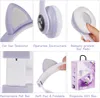 A collage of images showing different features of purple cat-ear headphones, including the ear indicator, operation instructions, ear pads, retractable pull bar, soft pad and foldable design, and the product packaging. Produktbild-Vorschau