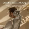 A man is sitting in an ergonomic office chair, with text overlays highlighting the neck support feature. Podgląd zdjęcia produktu