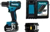 A collage of a cordless drill, its battery charger, and a battery pack. Náhľad obrázku produktu