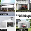 A collage of four images showing different uses of a white tent structure, including as a banquet area, a carport, a storage unit, and a boat shelter. Produktbild-Vorschau