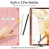 A hand is shown interacting with a pink tablet case, demonstrating the S Pen holder feature. Two S Pens, one white and one black, are also shown. A close-up of the tablet case shows the S Pen stand feature. Produktbild-Vorschau