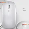 A white wireless computer mouse is shown on a light gray background, with text indicating its weight and dimensions. Produktbild-Vorschau