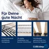 A woman sleeping peacefully in bed, with close-up images of a bed base's features below. Produktbild-Vorschau