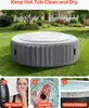An inflatable hot tub is shown in a backyard setting, with smaller inset images highlighting product features. Produktbild-Vorschau