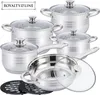 A set of stainless steel cookware with glass lids, arranged on a light gray background. Voir les images du produit