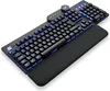 A black mechanical keyboard with blue backlighting and a wrist rest, shown from a diagonal angle against a white background. Anteprima dell’immagine prodotto