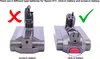Two Dyson V11 batteries are shown, one with a red X indicating it is not compatible, and the other with a green checkmark indicating compatibility. Text explains the difference between click-in and screw-in batteries. Voir les images du produit