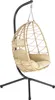 A beige egg-shaped hanging chair with cushions, suspended from a black metal stand. Produktbild-Vorschau