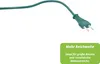 A green power cord with a plug is shown, with a green overlay box containing text. Produktbild-Vorschau