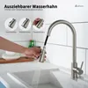 A hand is shown operating a kitchen faucet with water spraying into a sink. Three circular insets show different spray modes of the faucet head. Produktbild-Vorschau