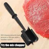 A black meat chopper is placed on a wooden cutting board next to a raw cut of beef. Text overlays promote the product. Produktbild-Vorschau