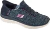 A side view of a blue and grey Skechers slip-on sneaker with pink accents. Anteprima dell’immagine prodotto