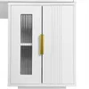 A close-up view of a white cabinet with a fluted glass insert on the left door and a gold handle on the right door. Voir les images du produit