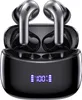 A pair of black wireless earbuds with silver accents are shown in their charging case, which has a digital display showing battery status. Produktbild-Vorschau
