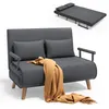 A dark gray sofa bed is shown in its sofa form, with a brown throw blanket draped over it. An inset image shows the sofa in its bed form. Voir les images du produit