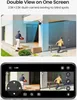 A split image showing a security camera's dual-lens view of a person delivering a package and a child running, with a smartphone screen displaying the same dual view. Produktbild-Vorschau