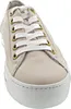 A close-up, front-facing view of a beige leather sneaker with white laces. Produktbild-Vorschau