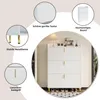 A white shoe cabinet with gold accents, displayed with close-up insets highlighting its features. Produktbild-Vorschau