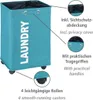 A teal laundry hamper with wheels and text labels highlighting its features. Produktbild-Vorschau
