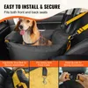 A dog is sitting in a car seat designed for pets. The image is a collage of the product in use and close-ups of its features. Náhled obrázku produktu