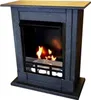 A dark, textured fireplace with a golden top, showing a simulated flame inside. Produktbild-Vorschau
