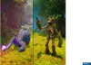 A split image showing a furry blue creature on the left and a tree-like humanoid on the right, both in a forest setting. Podgląd zdjęcia produktu