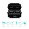 A pair of black wireless earbuds in their charging case, with feature icons below. Produktbild-Vorschau