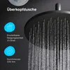 A close-up shot of a black overhead showerhead with water spraying from it, set against a dark background. Text and icons highlight product features. Produktbild-Vorschau