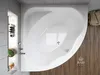 A top-down view of a white corner bathtub in a modern bathroom setting with tiled walls and wooden flooring. Produktbild-Vorschau