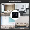 A collage of four scenes showing different applications of a smart thermostat, with the thermostat itself displayed in the center. Náhled obrázku produktu