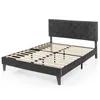 A dark gray upholstered bed frame with a tufted headboard and wooden slats for mattress support, shown against a white background. Náhled obrázku produktu