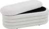 A white boucle storage ottoman with its lid partially open, revealing a black interior. Produktbild-Vorschau