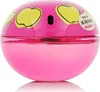A pink, spherical perfume bottle with yellow apple illustrations and a label. Podgląd zdjęcia produktu